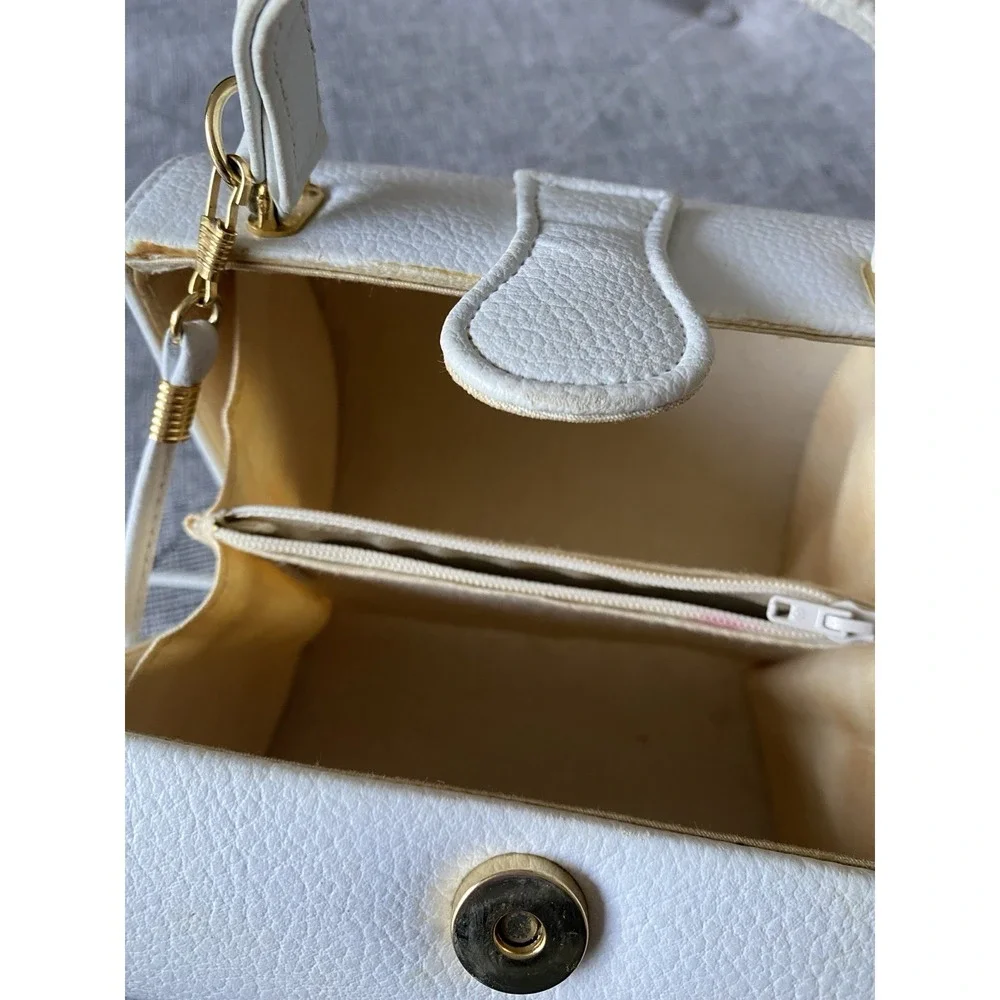 VTG White Textured Barrel Bag 80's Gold  Hardware Mini Satchel Top Handle